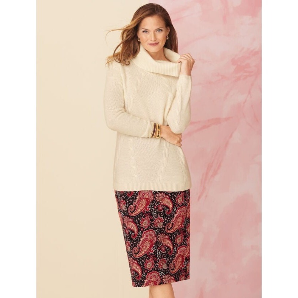 Talbots Paisley Floral Pencil Skirt Women 10 Red Navy Cotton Stretch Office Chic